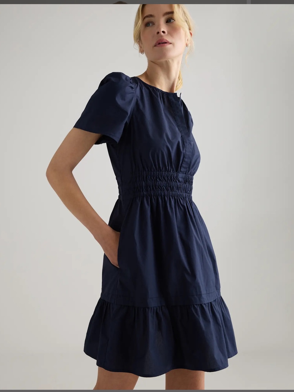 Quince 100% Cotton Short-Sleeve Smocked Waist Mini Dress